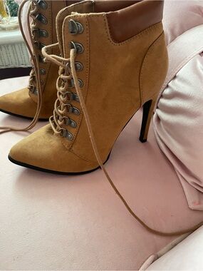Women’s Lace-Up High Heel Ankle Boots — Tan Suede